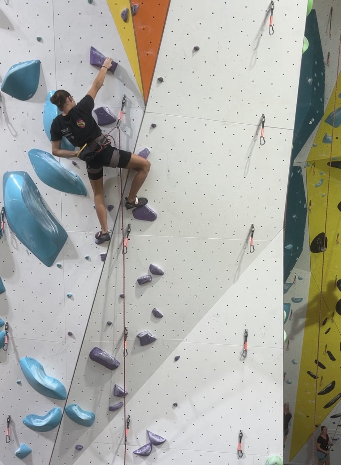Valentina von Gunten klettert mit einem Klettergurt an einer Indoor-Kletterwand mit violetten Griffen, während an der weißen Wand blaue und orangefarbene Griffe und Seile zu sehen sind.