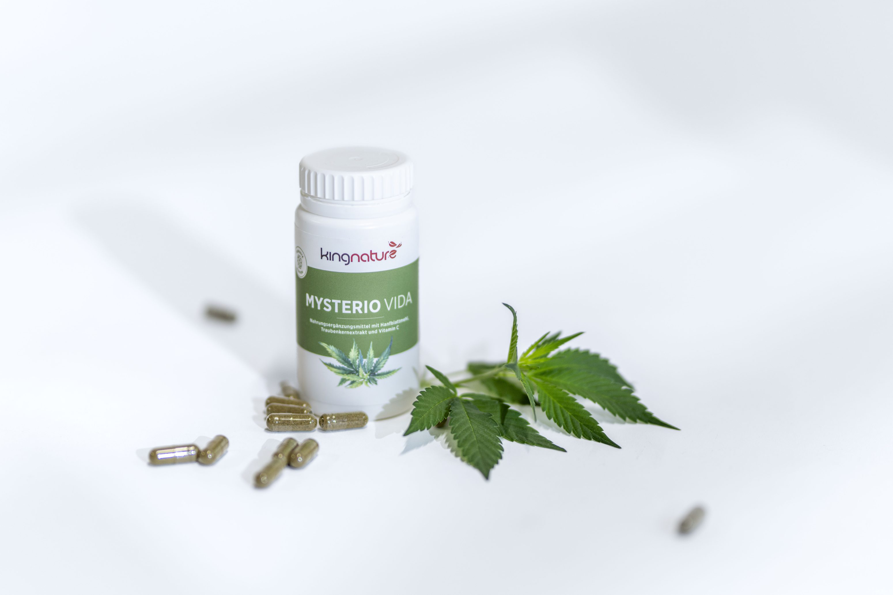 Eine weiße Flasche mit der Aufschrift "HYSTERIO VIDA" und einem Bild von Cannabisblättern steht neben verstreuten braunen Kapseln und frischen grünen Cannabisblättern auf einer weißen Fläche.