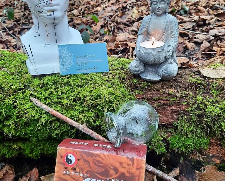Auf einem moosbewachsenen Baumstamm in einem Wald befinden sich ein Buddha-Kerzenhalter, eine Büste mit Akupunkturpunkten, eine Visitenkarte, ein Glasgefäß, ein Holzstab und eine rote Schachtel mit chinesischen Schriftzeichen und einem Yin-Yang-Symbol – eine Erinnerung an die chinesische Medizin und ganzheitliche Medizin.