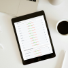 Auf einem weißen Schreibtisch steht neben einem Laptop, schwarzem Kaffee, einem Stift und einer Vase ein Tablet mit einem Leistungs-Dashboard mit Statistiken und Balkendiagrammen sowie Daten zum TAP-Blut-Test Mikronährstoffe.