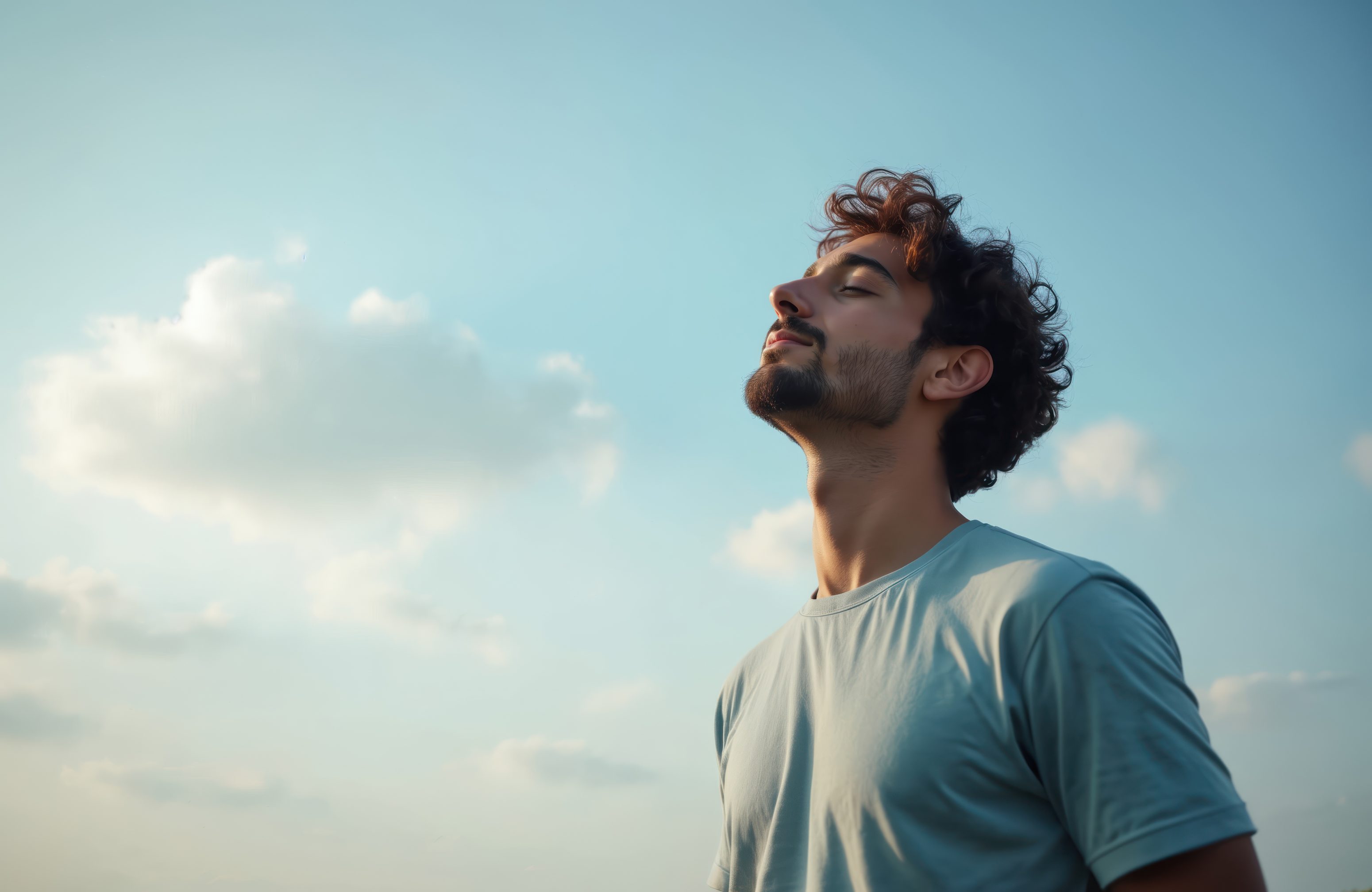 Ein junger Mann mit lockigem Haar und Bart steht im Freien unter blauem Himmel, die Augen geschlossen und den Kopf nach hinten geneigt, um in aller Ruhe die frische Luft und das Sonnenlicht aufzusaugen - und den belebenden Geist von Mitoflow Vida einzufangen.