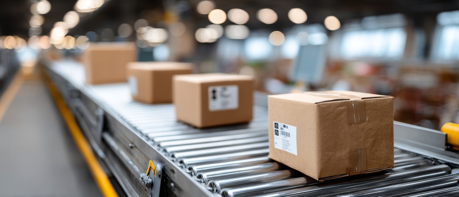 In einem hell beleuchteten Lagerhaus oder Vertriebszentrum bewegen sich mehrere Kartons auf einem Förderband, wobei der Hintergrund unscharf ist und die Etiketten auf den Kartons im Vordergrund zu sehen sind.