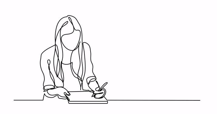 Eine minimalistische Strichzeichnung einer Person mit langen Haaren, die an einem Tisch sitzt und mit einem Stift in ein Notizbuch schreibt. Die Gesichtszüge der Figur sind nicht detailliert.