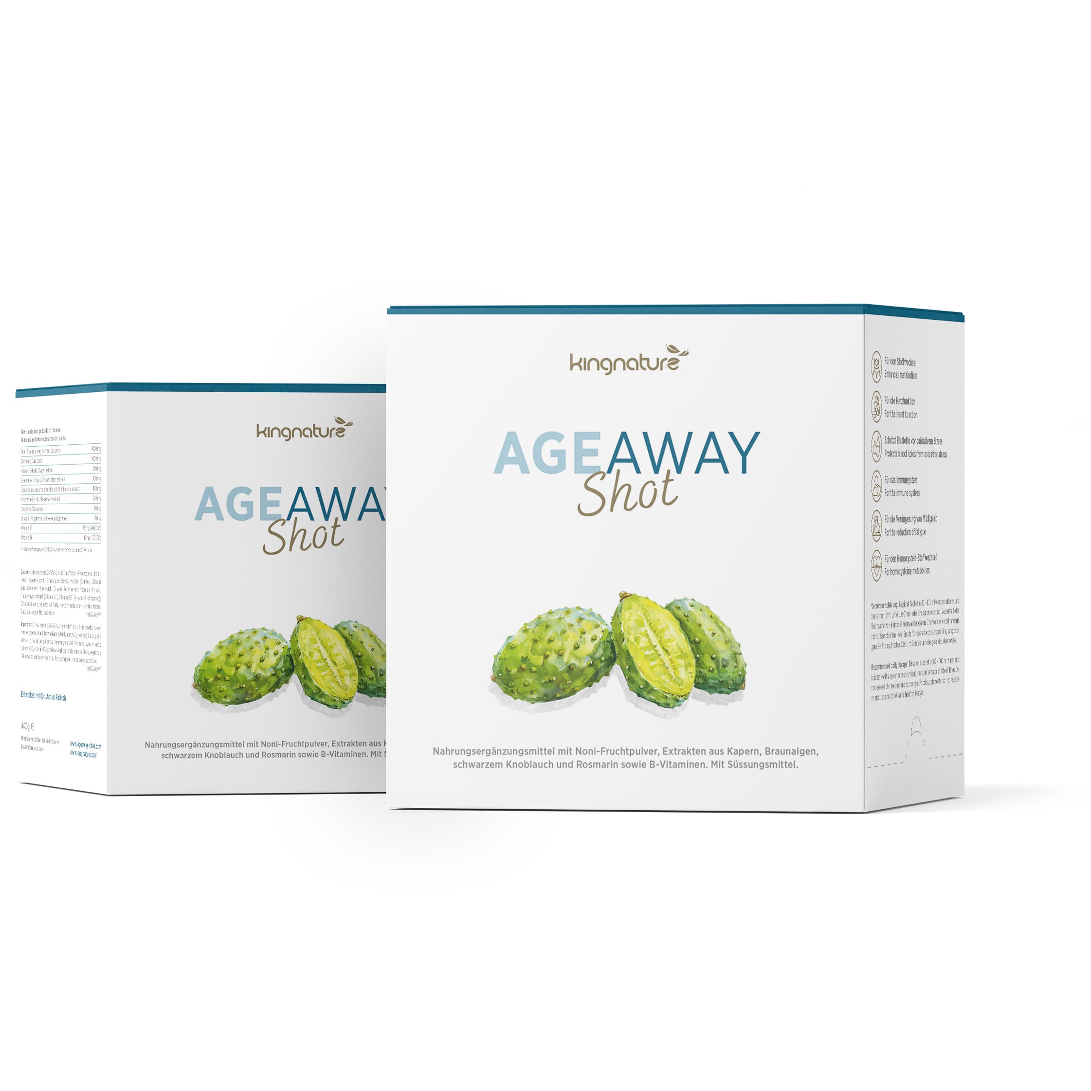 Es werden zwei Schachteln AgeAway Shot ausgestellt, mit grünen Akzenten und Bildern der Noni-Frucht auf der Verpackung, mit sichtbarem AgeAway Shot-Branding und Produktdetails auf der Vorder- und Seitenseite.