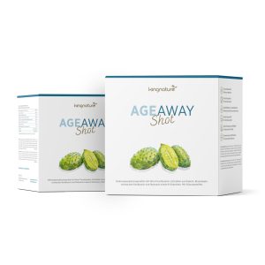 Zwei weiße Schachteln kingenature AgeAway Shot, mit Abbildungen grüner Stachelfrüchte auf der Vorderseite und Produktdetails in Englisch und Deutsch.