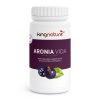 Eine weiße Flasche Aronia Vida mit einem violetten Etikett, auf dem Aroniabeeren abgebildet sind und ein Text, der Aroniaextrakt und Vitamin C hervorhebt - perfekt für alle, die Aronia-Kapseln kaufen möchten.