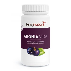 Eine weiße Flasche Aronia Vida mit einem violetten Etikett, auf dem Aroniabeeren abgebildet sind und ein Text, der Aroniaextrakt und Vitamin C hervorhebt - perfekt für alle, die Aronia-Kapseln kaufen möchten.