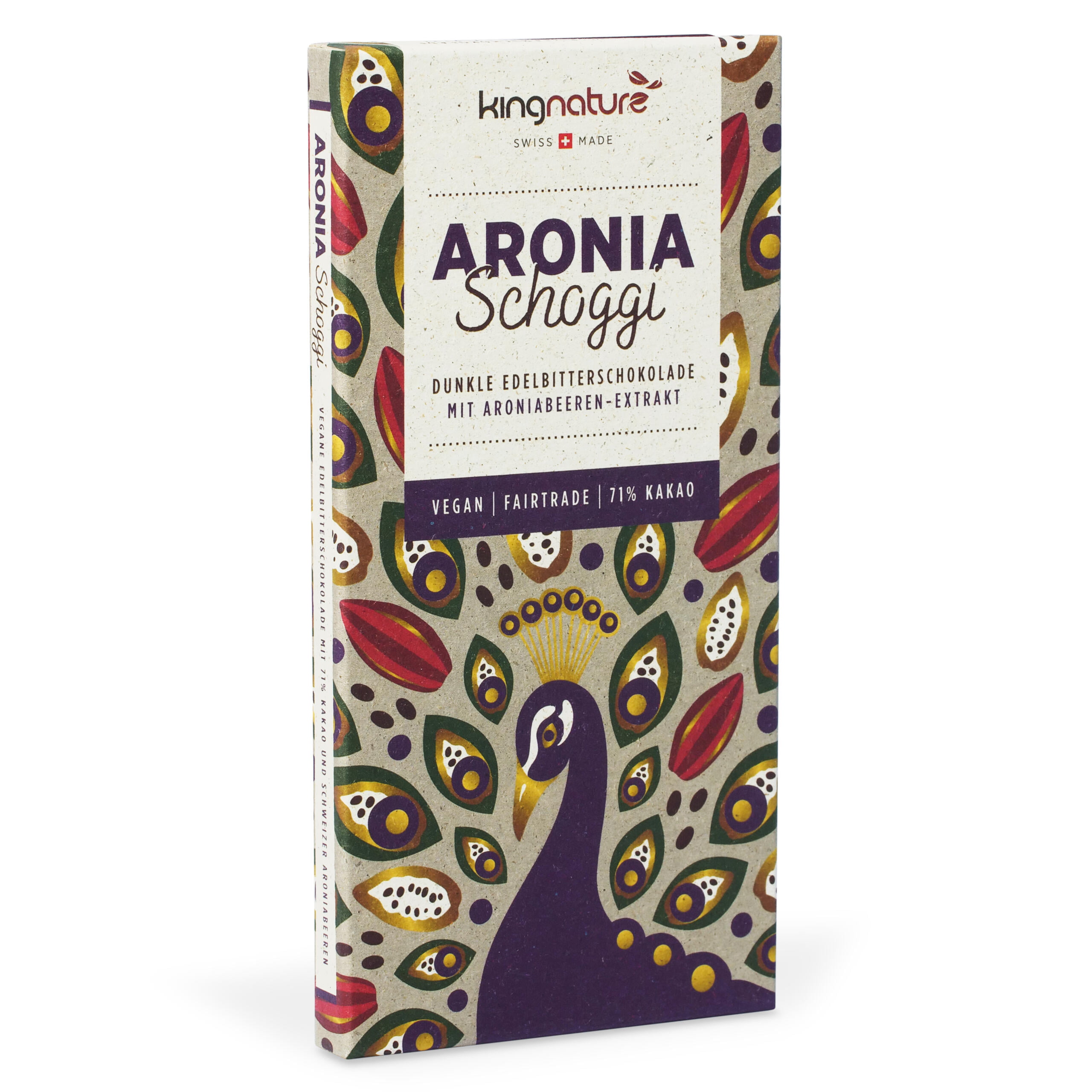 kingnature, Aronia Schoggi, Schoggi, Schokolade, Aronia, dunkle vegane Edelbitter Schokolade, vegan, Aronia-Extrakt, schweizer Produkt, schweizer Aronia-Beeren, Kakao, 72% Kakao, Bio-Anbau, Bio, edelbitter, 2 Tafeln, Genuss, Genuss ohne schlechtes Gewissen, fruchtig, Geschmackserlelbnis, schwarze Apfelbeere, OPC, ohne Sojalecithin, ohne Milch, Pfau, Feder, fairtrade, lecker