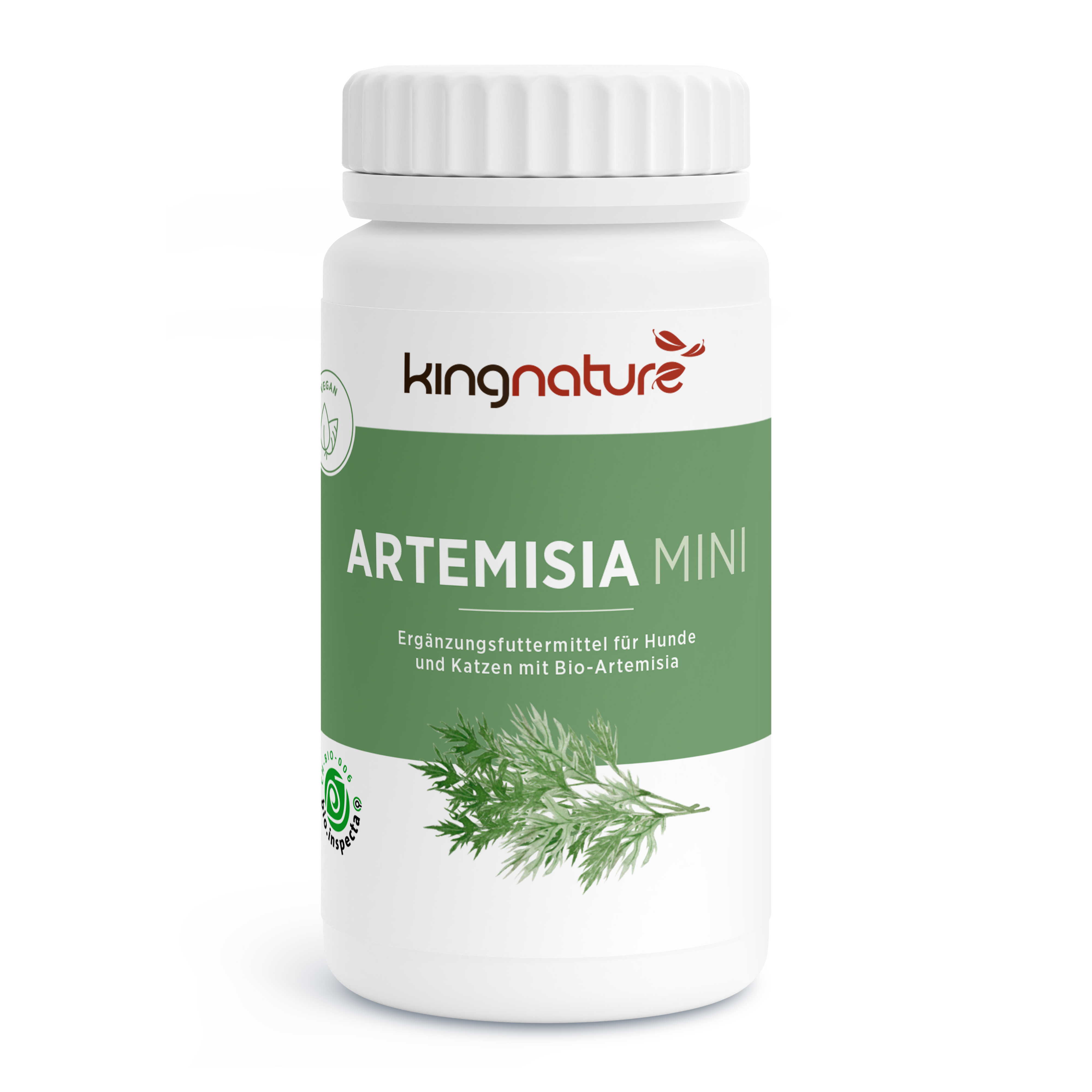 Eine weiße Flasche mit der Aufschrift „kingnature ARTEMISIA MINI“ zeigt eine Abbildung grüner Artemisia-Blätter. Das Etikett in deutscher Sprache weist darauf hin, dass es sich um ein Nahrungsergänzungsmittel für Hunde und Katzen aus biologischem Artemisia handelt.
