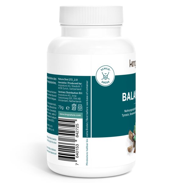 Weiße Kunststoffflasche mit Balance Vida-Nahrungsergänzungsmitteln mit blaugrünem Etikett, Produktinformationen, dem Balance Vida-Logo mit einem lächelnden Gesicht und einem Barcode auf der linken Seite. Die Flasche ist leicht nach rechts gedreht.