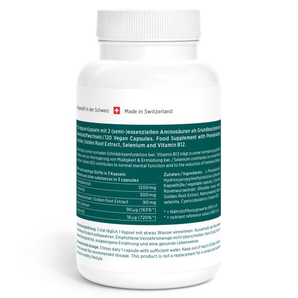 Eine weiße Balance Vida-Flasche mit deutscher und englischer Beschriftung zeigt die Fakten zur Nahrungsergänzung, ein Schweizer Flaggensymbol, "Made in Switzerland" und nennt Selen, Pflanzenextrakte und Vitamin B12 als Inhaltsstoffe.