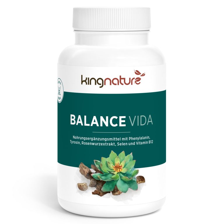 Auf dem Etikett der Balance Vida-Flasche von kingnature sind eine grüne Sukkulente und kleine Felsen abgebildet, die Phenylalanin, Tyrosin, Rhodiola-Extrakt, Selen und Vitamin B12 hervorheben.