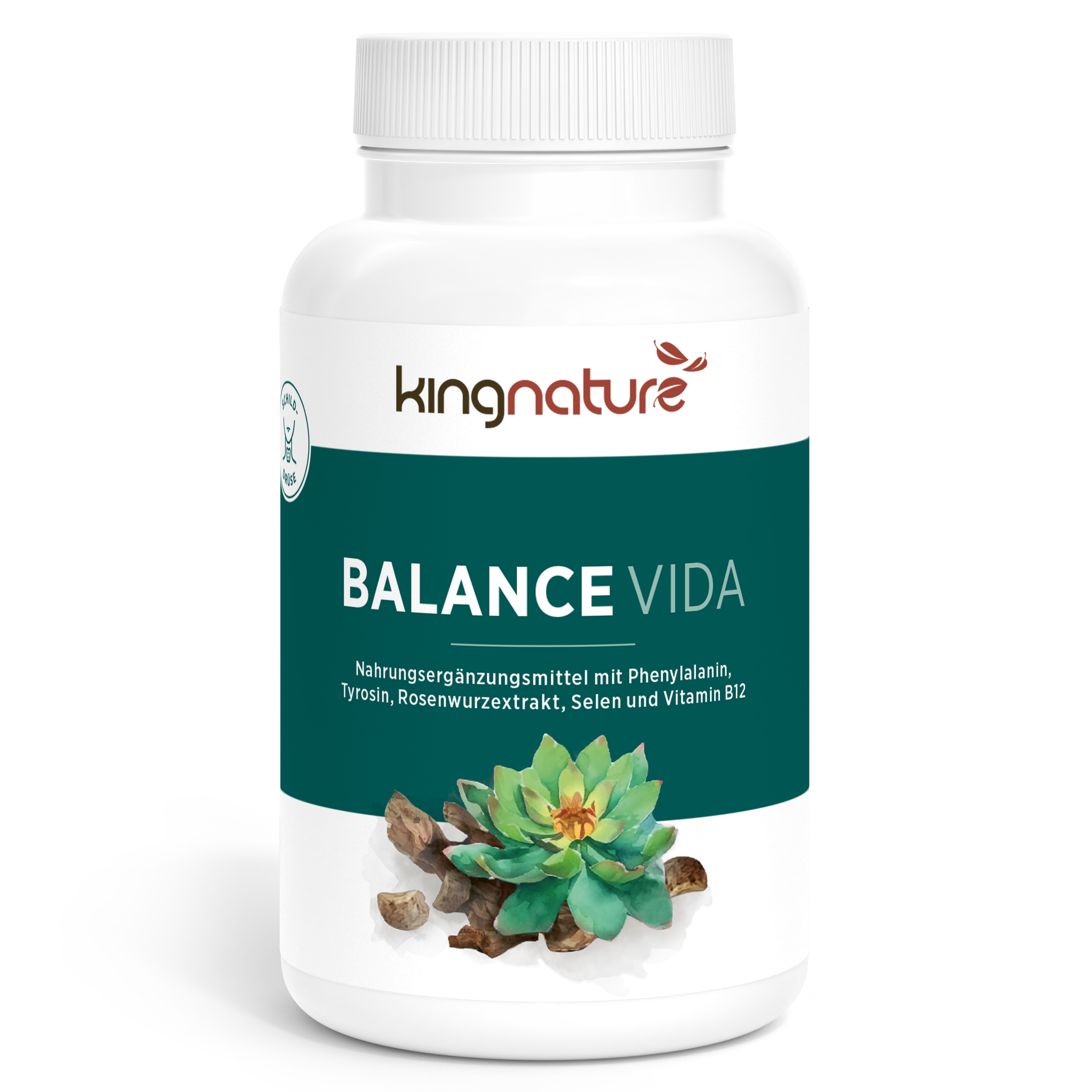 Auf dem Etikett der Balance Vida-Flasche von kingnature sind eine grüne Sukkulente und kleine Felsen abgebildet, die Phenylalanin, Tyrosin, Rhodiola-Extrakt, Selen und Vitamin B12 hervorheben.