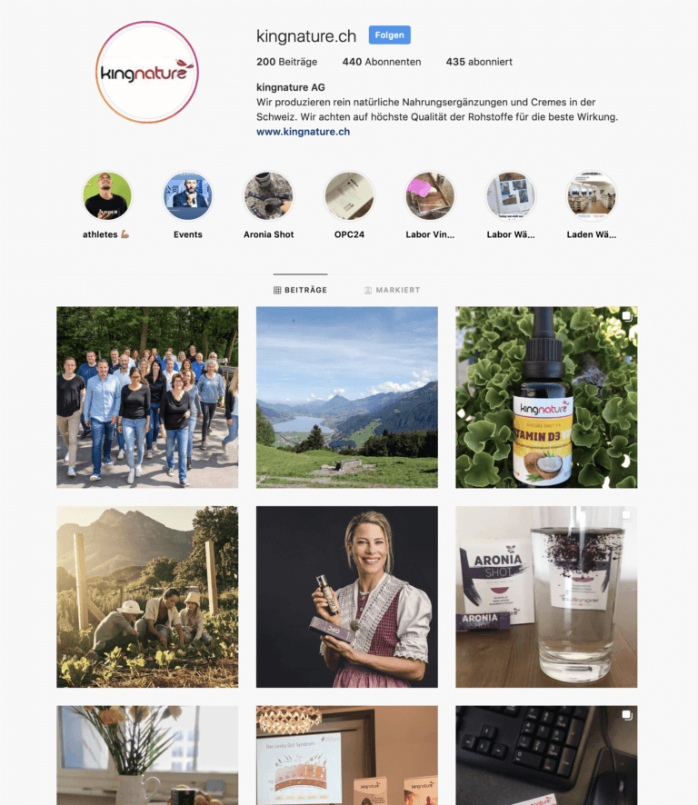 Screenshot eines Instagram-Profils für kingnature.ch mit Profillogo, Biografie, Links und einem optisch ansprechenden Raster mit Beiträgen zu Personen, Nahrungsergänzungsmitteln, Naturszenen und Produktfotos in einem übersichtlichen Layout. Facebook-Link inklusive.
