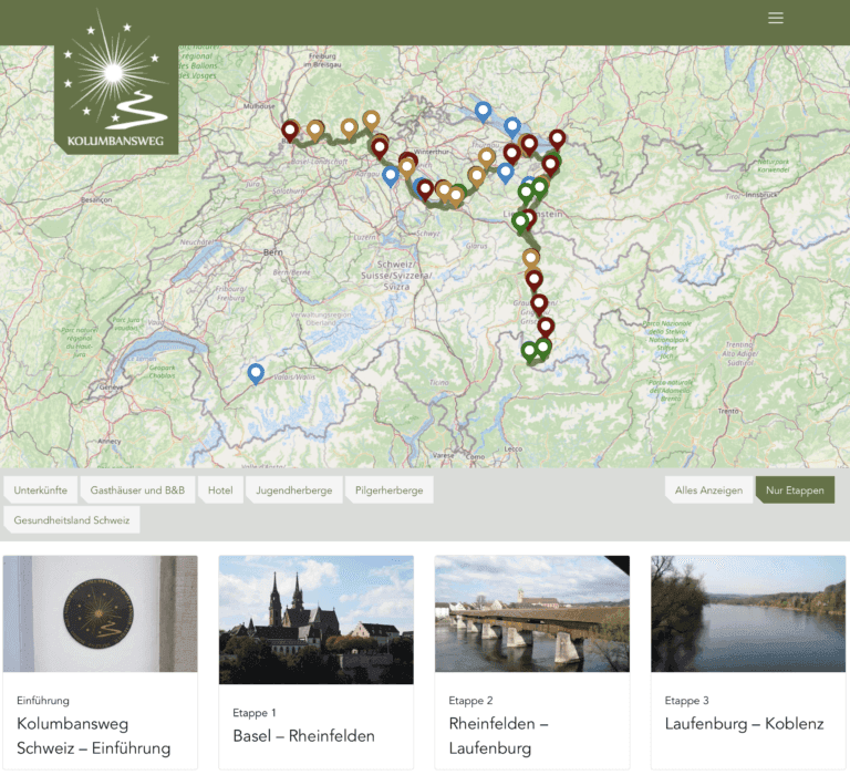 Screenshot der Kolumbansweg-Website mit einer Karte mit farbigen Routenmarkierungen und Optionen zur Anzeige von Unterkünften. Die folgenden Abschnitte stellen den Kolumbansweg und seine Etappen vor und enthalten Bilder von Sehenswürdigkeiten, Titeln und einen Hinweis auf „König Natur“.