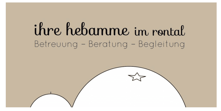 Beigefarbene Grafik mit deutschem Text: „ihre hebamme im rontal“ und „Betreuung – Beratung – Begleitung“ über einer einfachen Strichzeichnung aus abgerundeten Formen, einem kleinen Stern und einer beruhigenden Hebammensymbolik.