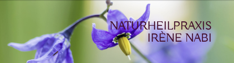 Nahaufnahme einer leuchtend violetten Blüte mit gelber Mitte vor einem unscharfen grünen Hintergrund. Rechts daneben steht in dunkler Schrift „NATURHEILPRAXIS IRÈNE NABI“ und betont den natürlichen und ganzheitlichen Ansatz.