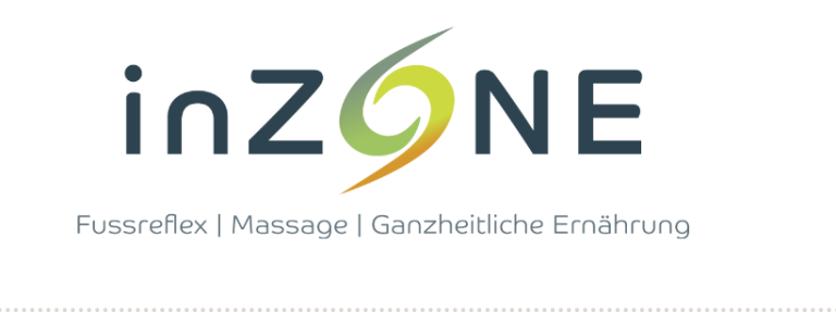 Logo für inZONE mit einem stilisierten Wirbel, der den Buchstaben O bildet. Darunter stehen die Worte: „Fussreflex | Massage | Ganzheitliche Ernährung“ auf einem sauberen, weißen Hintergrund, der ganzheitliches Wohlbefinden betont.