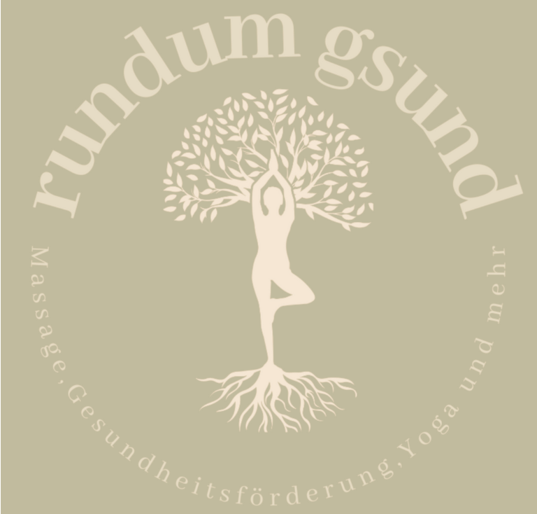 Logo mit einer Person in einer Baum-Yoga-Pose, die einen Baum mit Blättern und Wurzeln bildet, umgeben vom Text: rundum gsund und Massage, Gesundheitsförderung, Yoga und Wellness auf beigem Hintergrund.