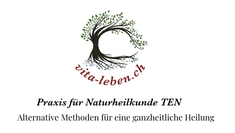Ein Logo mit einem Baum, dessen Wurzeln und Äste einen Kreis bilden, darüber der Text „vita-leben.ch“. Darunter heißt es: „Praxis für Naturheilkunde TEN“ und „Alternative Methoden für eine ganzheitliche Balance“.