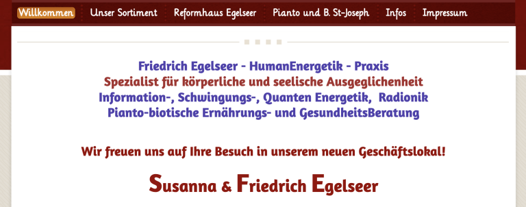 Ein deutscher Website-Header mit blauem und gelbem Text listet Dienstleistungen wie HumanEnergetik, Quantenenergie, Radionik und Ernährungsberatung auf und heißt Besucher im neuen Reformhaus-Büro von Susanna & Friedrich Egelseer willkommen.