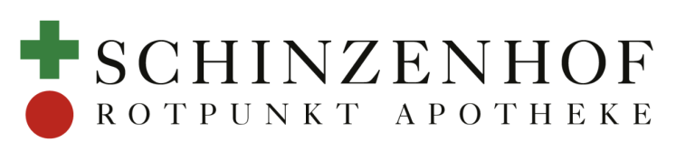 Logo mit grünem Kreuz und rotem Kreis links, gefolgt von SCHINZENHOF in großer Schrift und ROTPUNKT APOTHEKE in kleinerer Schrift darunter, was für die Schinzenhof-Apotheke in Horgen steht.