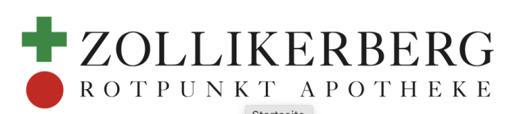 Logo der Rotpunkt Apotheke Zollikerberg. Links ein grünes Kreuz über einem roten Punkt, rechts der Name der Apotheke in fettem schwarzen Text. Auch mit der Forch-Apotheke verbunden.