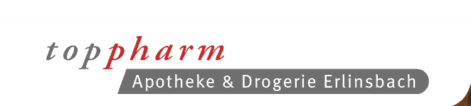 Logo mit dem Wort Toppharm in grauer und roter Schrift, über einem grauen Rechteck mit Drogerie Erlinsbach & Apotheke Erlinsbach in weißer Schrift.