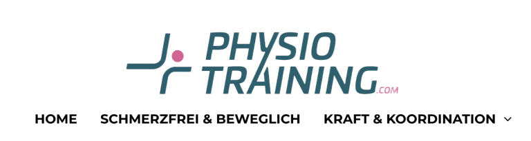 Logo für Physio Training Rheinau mit einer stilisierten abstrakten Figur auf der linken Seite. Die Menüoptionen darunter umfassen Home, Schmerzfrei & Beweglich und Kraft & Koordination auf weißem Hintergrund.