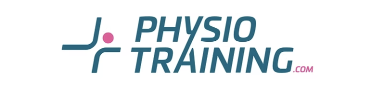 Logo für PhysioTraining.com mit stilisiertem blauem Text und einer abstrakten blauen Figur mit einem rosa Punkt links, der die Physiotherapie hervorhebt. Der .com-Teil erscheint in Pink.