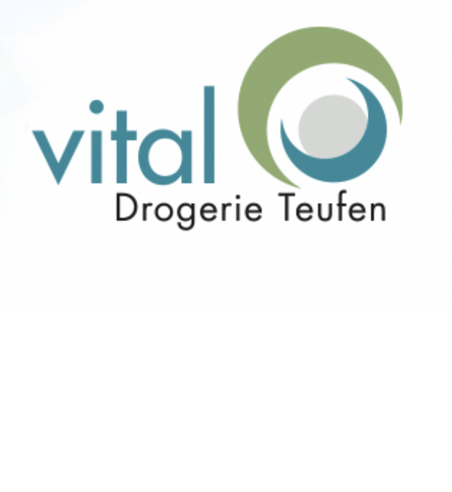 Logo für vital Drogerie Teufen mit vital in blauen Kleinbuchstaben, Drogerie Teufen in Schwarz darunter und einem grünen und blauen kreisförmigen abstrakten Muster oben rechts, inspiriert von einem automatisch gespeicherten Entwurf.