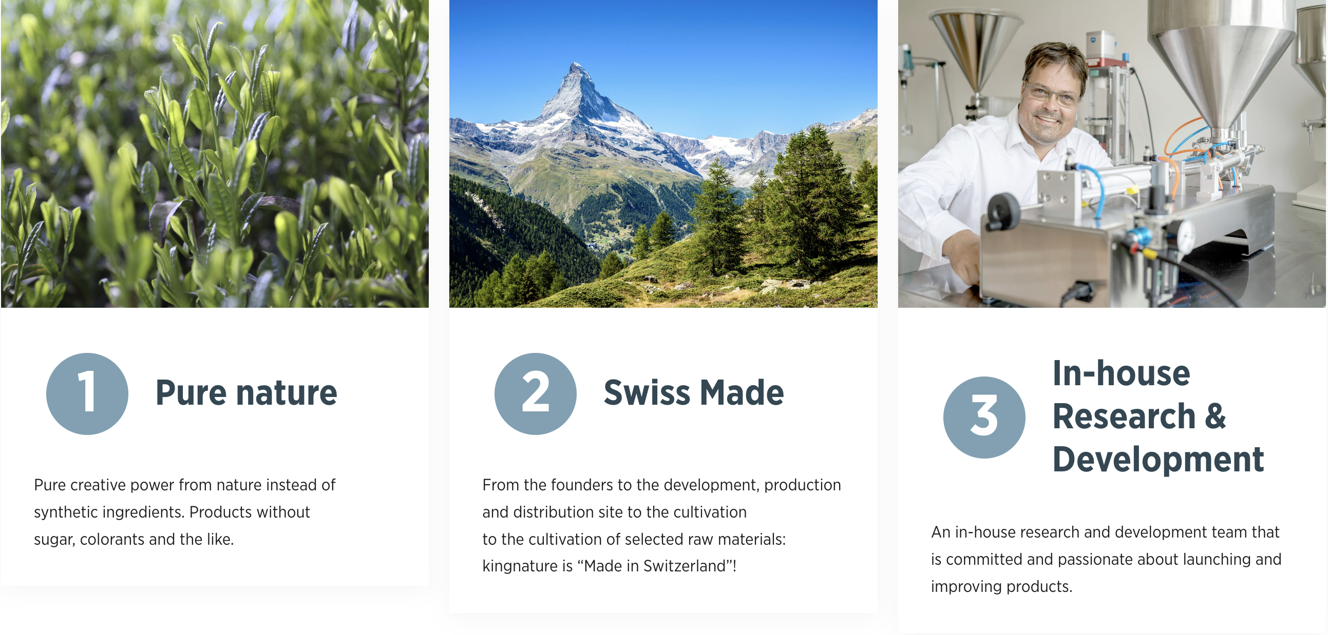 Eine dreiteilige Grafik, die die Unternehmenswerte in 12 Punkten hervorhebt: 1) Natur pur, mit grünen Pflanzen; 2) Swiss Made, mit einer Schweizer Berglandschaft; 3) Interne Forschung und Entwicklung, mit einem lächelnden Wissenschaftler in einem Labor mit Geräten.