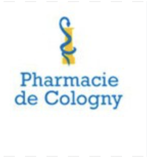 Logo der Pharmacie de Cologny mit einem gelben vertikalen Rechteck mit einer blauen medizinischen Schlange und einem Stabsymbol über dem Text Pharmacie de Cologny in blauer Schrift auf weißem Hintergrund, wie in einem automatisch gespeicherten Entwurf zu sehen.