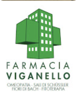 Logo der Farmacia Viganello mit einem grünen, stilisierten Gebäude über dem Apothekennamen. Darunter stehen die Worte: Omeopatia, Sali di Schüssler, Fiori di Bach, Fitoterapia. Automatisch gespeicherter Entwurf als Referenz enthalten.