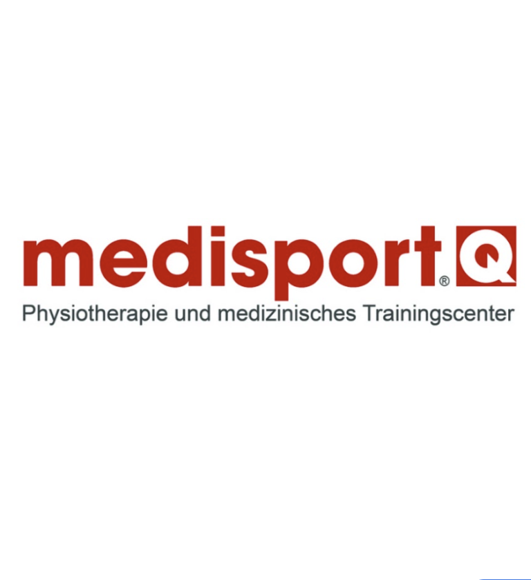 Logo mit dem Wort „medisport“ in fetten roten Buchstaben, gefolgt von einem roten Quadrat mit einem weißen „Q“. Darunter steht in grauer Schrift „Physiotherapie und medizinisches Trainingscenter“ – ein automatisch gespeicherter Entwurf.