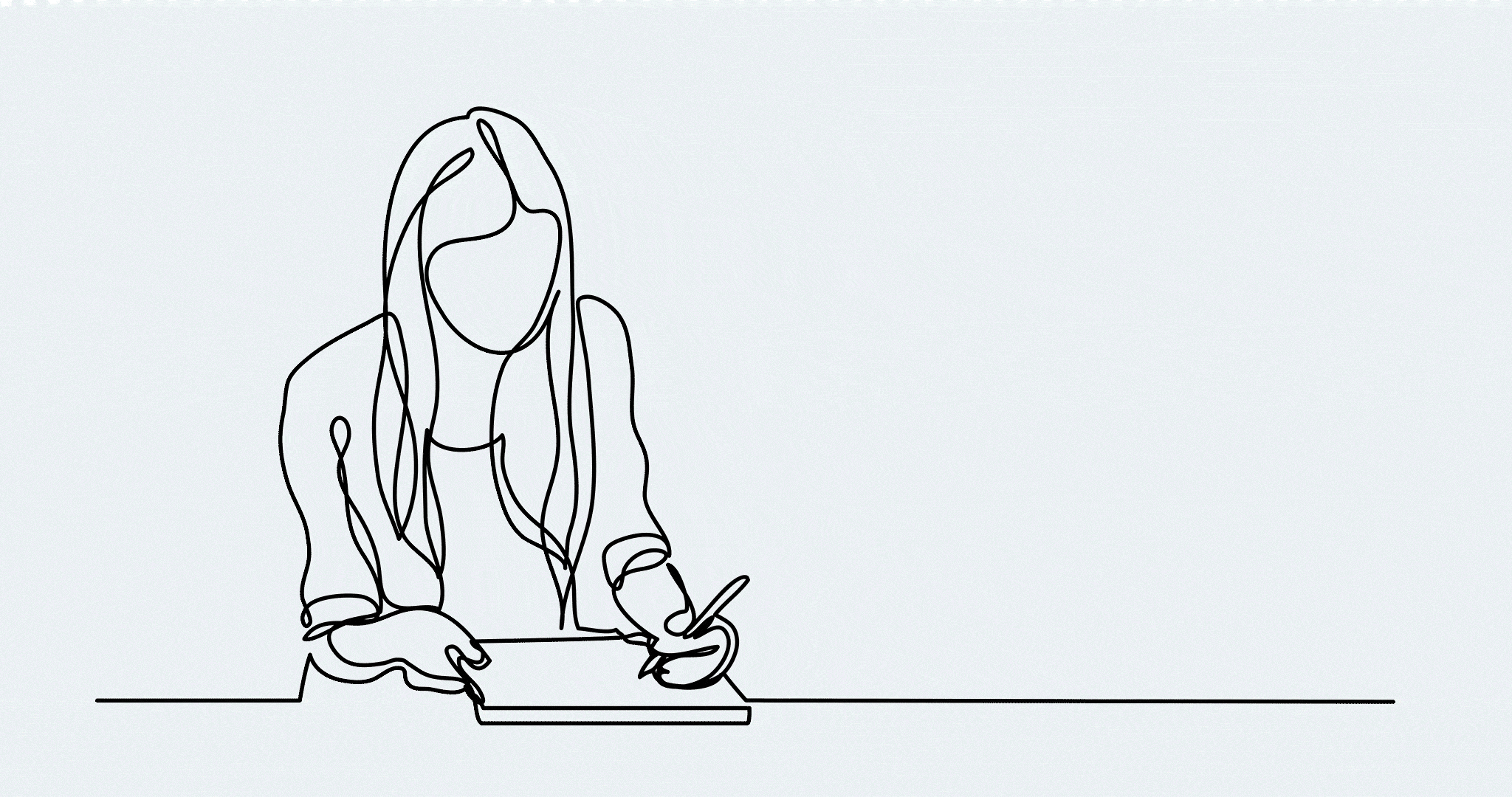 Eine minimalistische Strichzeichnung einer Person mit langen Haaren, die an einem Tisch sitzt und mit einem Stift in ein Notizbuch schreibt. Die Gesichtszüge der Figur sind nicht detailliert.