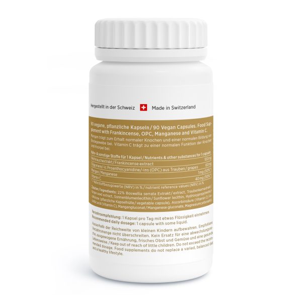 Boswellia Vida (EU) kommt in einer weißen Flasche mit einem deutschen Etikett mit Schweizer Flagge und "Made in Switzerland". Die veganen Kapseln enthalten Weihrauch, OPC, Mangan und Vitamin C - ideal für alle, die diese Inhaltsstoffe suchen.