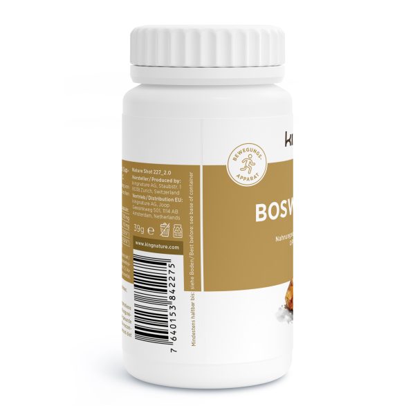Eine weiße Kunststoffflasche mit der Aufschrift "Boswellia Vida (EU)", einem gold-weißen Design, einem Strichcode, deutschen Angaben, einem gerippten Deckel und einer Tafel mit Zusatzinformationen ist ideal für alle, die Weihrauch Kapseln kaufen möchten.
