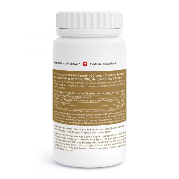 Eine weiße Flasche mit veganen Boswellia Vida Kapseln mit einem braun-weißen Etikett mit Nährwertangaben und Hinweisen in deutscher Sprache. Oben auf dem Etikett steht "Made in Switzerland" und ein Symbol der Schweizer Flagge. Jetzt Boswellia Vida Kapseln kaufen!.