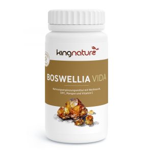 Eine weiße Flasche mit der Aufschrift Boswellia Vida enthält braune und gelbe Harzbrocken. Es ist ein Nahrungsergänzungsmittel mit Weihrauch, OPC, Mangan und Vitamin C - perfekt für alle, die Weihrauch Kapseln kaufen wollen.