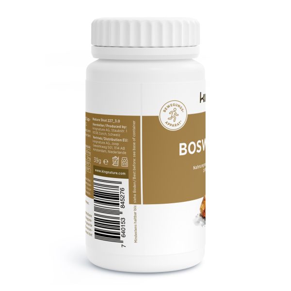 Weiße Kunststoffflasche mit weißem Verschluss und braun-weißem Etikett mit der Aufschrift "Boswellia Vida" und deutschem Text. Ideal für diejenigen, die Weihrauch Kapseln kaufen wollen, enthält das Etikett auch einen Barcode und ein kleines rundes goldenes Emblem.
