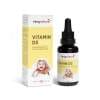 Abgebildet sind eine Schachtel und eine Tropfflasche mit Vitamin D3 Baby. Die weiß-gelbe Verpackung zeigt ein lächelndes Baby in einem Handtuch mit den Aufschriften „Vitamin D3 Baby“ und „Swiss Made“.