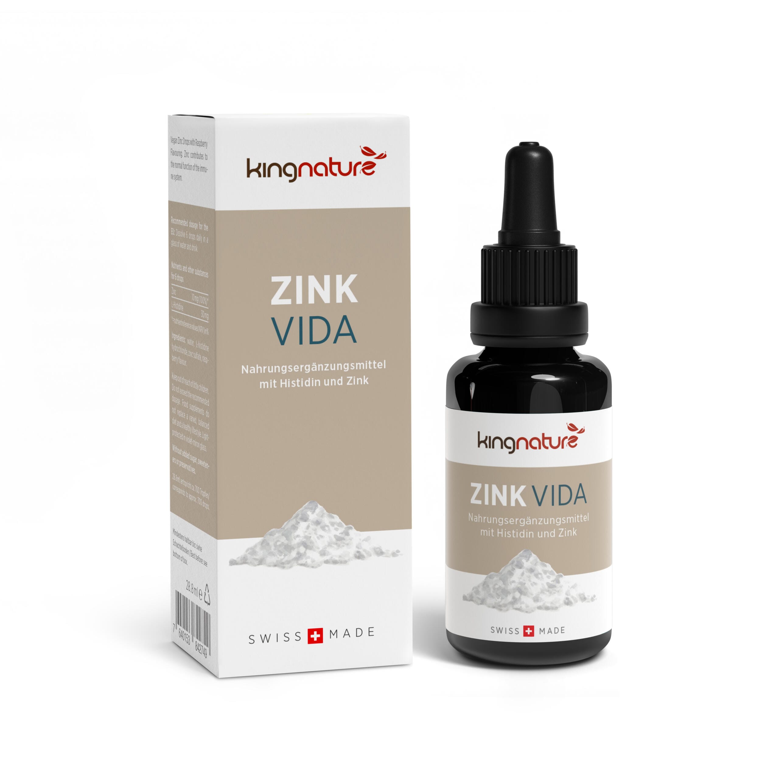 Neben der beschrifteten Verpackung ist eine Flasche des Nahrungsergänzungsmittels Zink Vida mit einer Pipette abgebildet. Beide sind mit einem Bild des weißen Pulvers versehen und weisen darauf hin, dass das Produkt Zink und Histidin enthält.