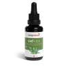 CBD Vida wird in einer schwarzen Tropfflasche mit Pipette geliefert und verfügt über ein grün-weißes Etikett mit einem Hanfblatt, dem Namen CBD Vida by kingnature und Swiss Made.