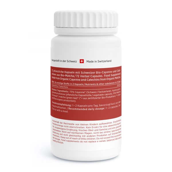 Eine weiße Flasche mit der Aufschrift "Caye Vida Bio" (Made in Switzerland) mit deutschem und englischem Text beschreibt die Schweizer Kräuter-Cayenne- und Matcha-Kapseln. Inhaltsstoffe, Gebrauchsanweisung und Warnhinweise sind in beiden Sprachen angegeben.