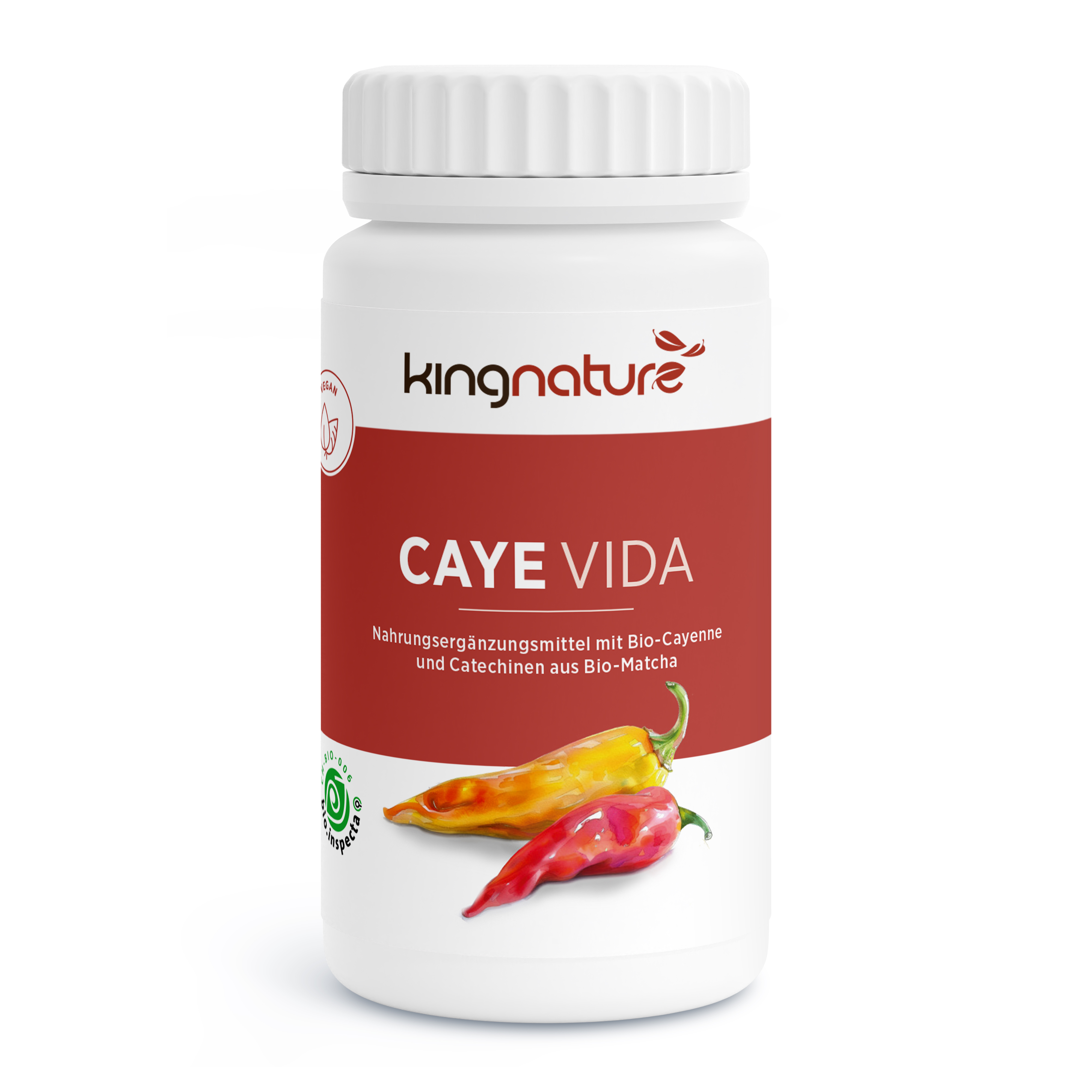 Auf der weißen Flasche mit der Aufschrift Caye Vida Bio sind zwei rote und gelbe Chilischoten abgebildet, die darauf hinweisen, dass sie Bio-Cayenne und Matcha-Catechine enthält - perfekt für alle, die Cayenne Kapseln kaufen möchten.