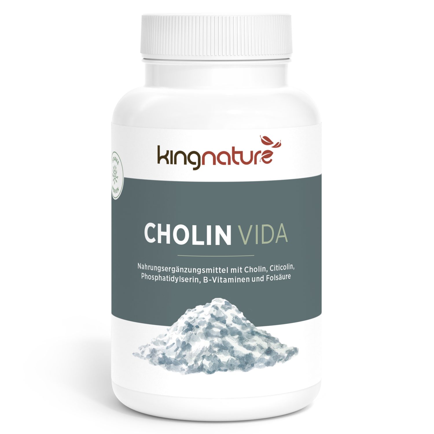 Eine weiße Flasche mit der Bezeichnung Cholin Vida von kingnature zeigt ein weißes Pulver und hebt auf dem Etikett Cholin, Citicolin, Phosphatidylserin, B-Vitamine und Folsäure hervor.