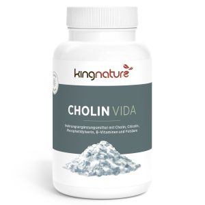 Eine weiße Flasche mit der Bezeichnung Cholin Vida von kingnature zeigt ein weißes Pulver und hebt auf dem Etikett Cholin, Citicolin, Phosphatidylserin, B-Vitamine und Folsäure hervor.