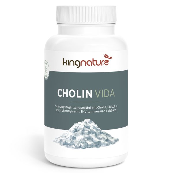 Eine weiße Flasche mit der Bezeichnung Cholin Vida von kingnature zeigt ein weißes Pulver und hebt auf dem Etikett Cholin, Citicolin, Phosphatidylserin, B-Vitamine und Folsäure hervor.