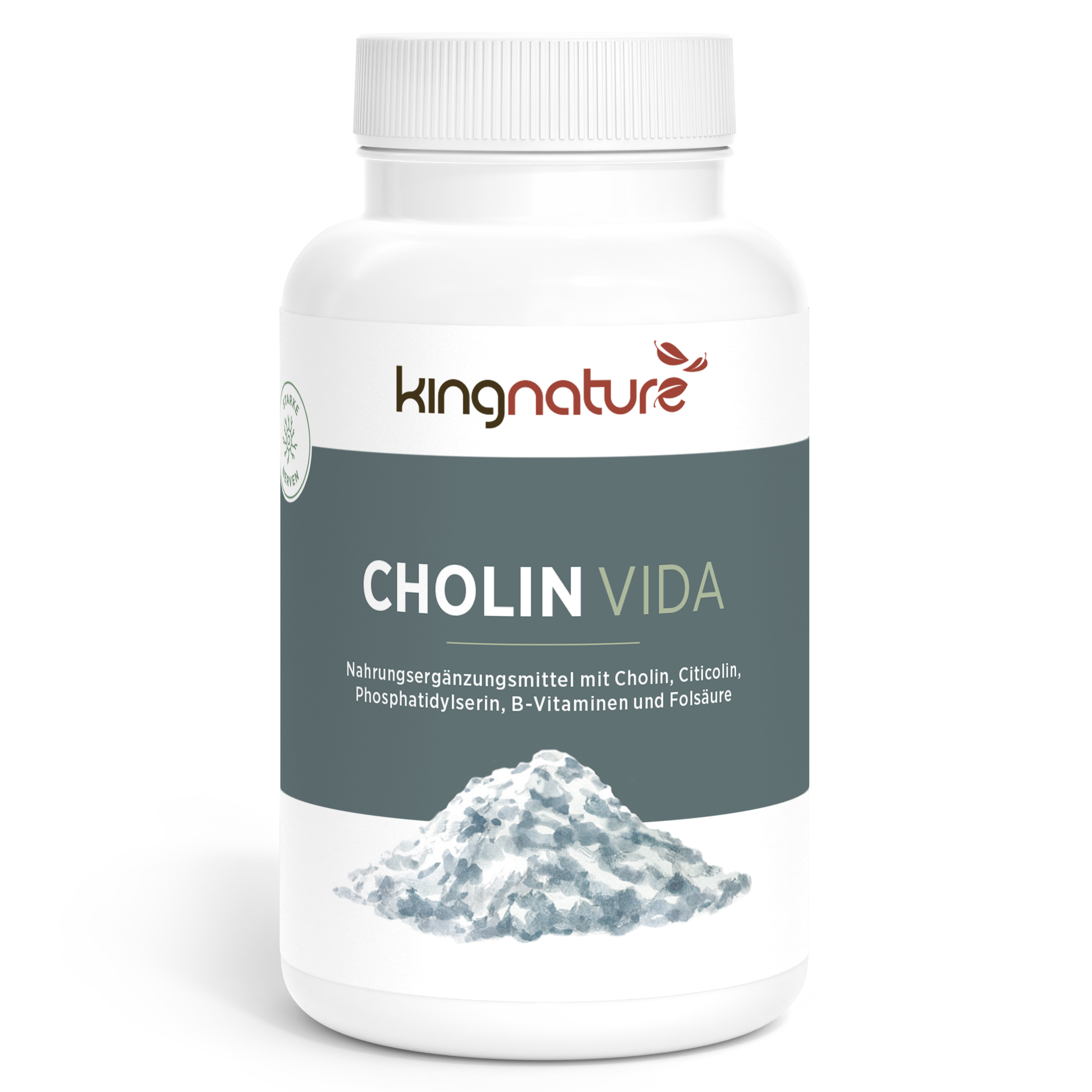Eine weiße Flasche mit der Bezeichnung Cholin Vida von kingnature zeigt ein weißes Pulver und hebt auf dem Etikett Cholin, Citicolin, Phosphatidylserin, B-Vitamine und Folsäure hervor.